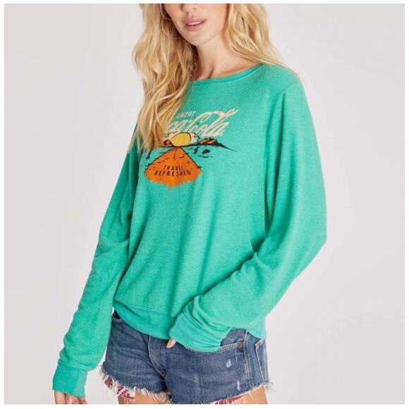 WILDFOX x Coca Cola Sweatshirt Size Small Travel Refreshed Graphic Green NWT - Picture 2 of 16